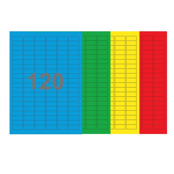 A4-120, 120 Udstansede etiketter/ark, 30,0 x 14,0 mm, (blå, grøn, gul eller rød) 100 ark